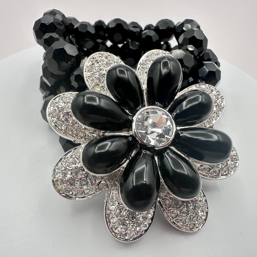 Vintage 90s Y2K Black Beaded Floral Rhinestone Stretch Bracelet Women's